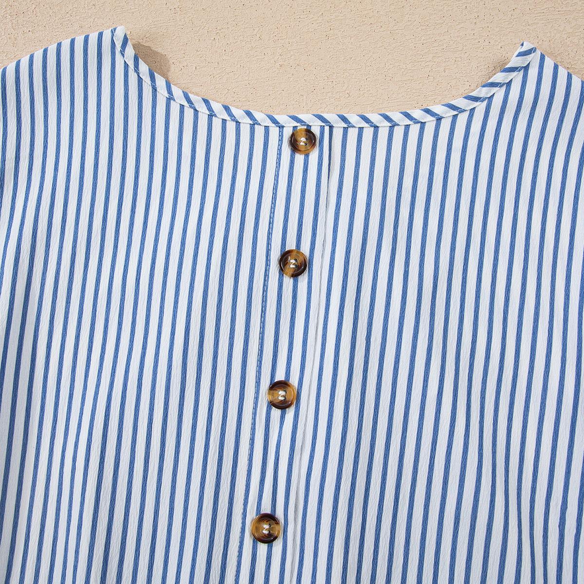 Women's Striped Round Neck Blouse with Ruffle Cuffs