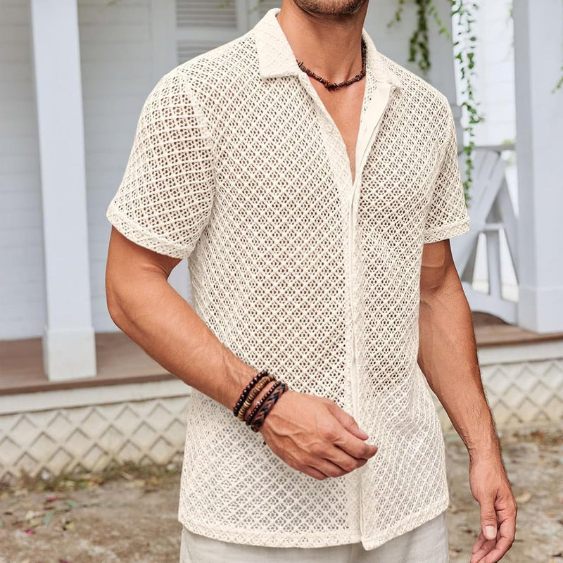 Men’s Summer Mesh Short-Sleeve Shirt | Fashion Solid Color Lapel Beach Shirt | High-Sense Breathable Mesh Knit Top | Trendy Minimalist See-Through Resort Wear | 2026 High-Fashion Lightweight Men’s Clothing