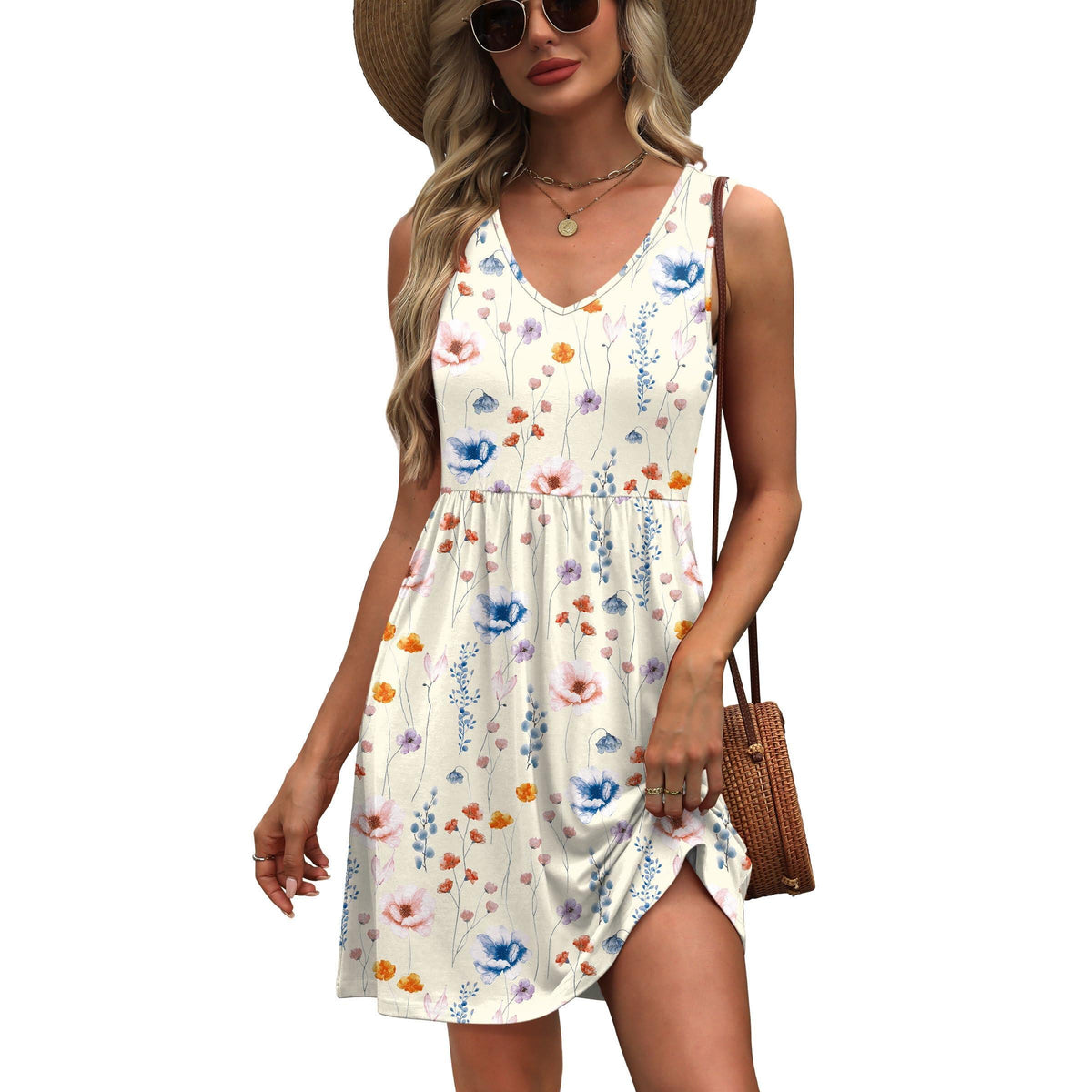 Women's Floral V-Neck Sleeveless Mini Dress