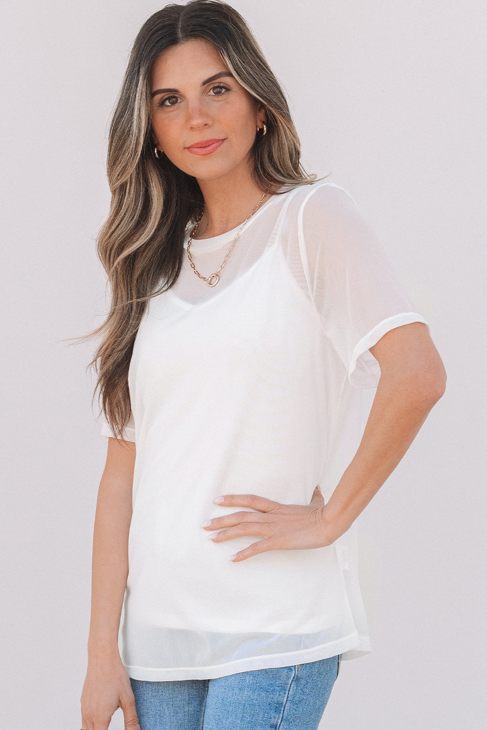 Threaded Pear Miranda Sheer Mesh Short Sleeve Top