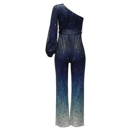Women’s Gradient Print Diagonal Neck Jumpsuit | Elegant Long Sleeve One-Piece Wide-Leg Pants | Modern Abstract Print Formal Jumpsuit | Trendy Asymmetrical Neckline Luxury Romper | 2026 High-Fashion Evening Jumpsuit