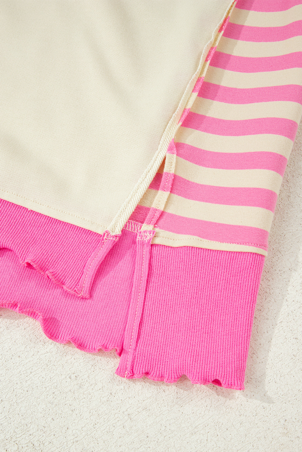 Threaded Pear Pink Stripe Contrast Polo Collar Drop Shoulder Patchwork Plus Size Pullover