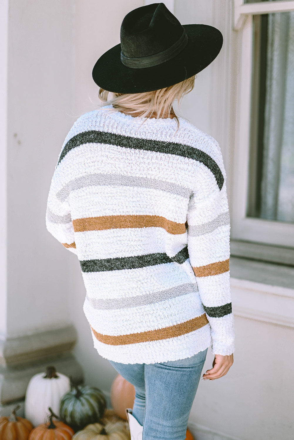 Threaded Pear Cora Striped Popcorn Knit Sweater