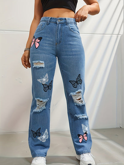 Women’s High-Waisted Butterfly Print Straight Leg Jeans | High-Sense Ripped Distressed Denim | Trendy Minimalist Butterfly Motif Pants | Luxury-Label Statuesque Radiant Urban Wear | 2026 High-Fashion Botanical-Luxe Essential