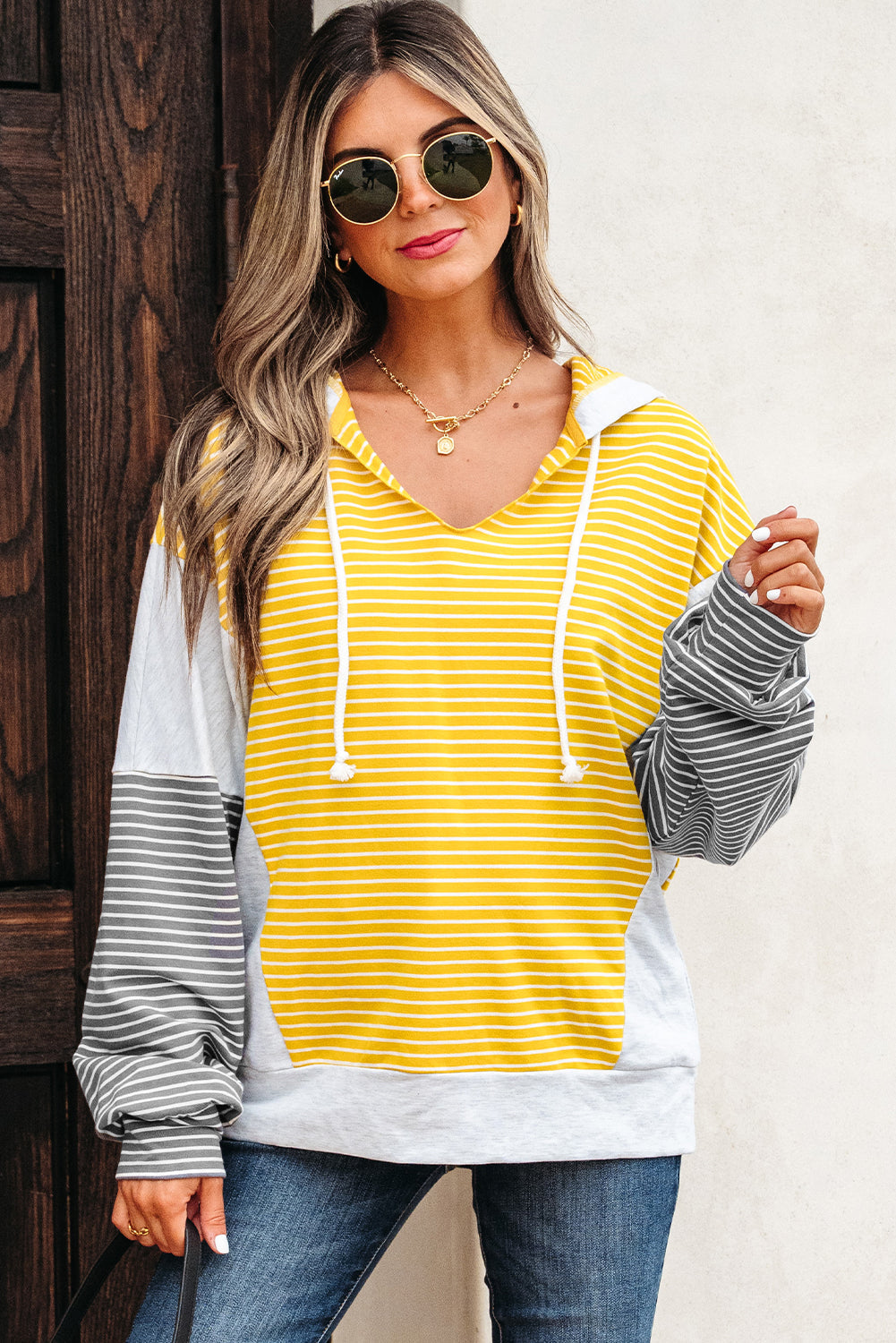Threaded Pear Margot Stripe Drawstring Loose Fit Hooded Top