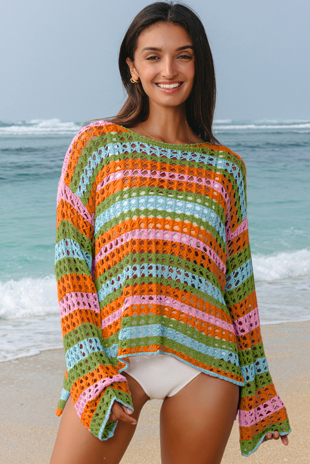 Threaded Pear Cora Stripe Open Knit Sweater