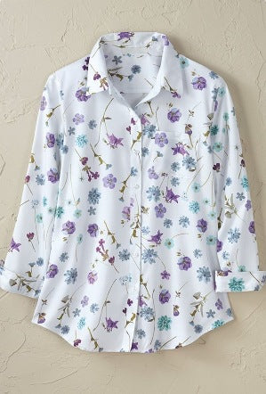 Women’s Simple Floral Print Long-Sleeve Shirt | Elegant Minimalist Floral Blouse | Casual Button-Down Nature-Inspired Top | Sophisticated "High-Sense" Floral Shirt for Women | 2026 Spring Collection