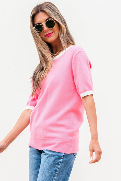 Threaded Pear Mercy Bow V-Shape Cut Back Short Sleeve Sweater