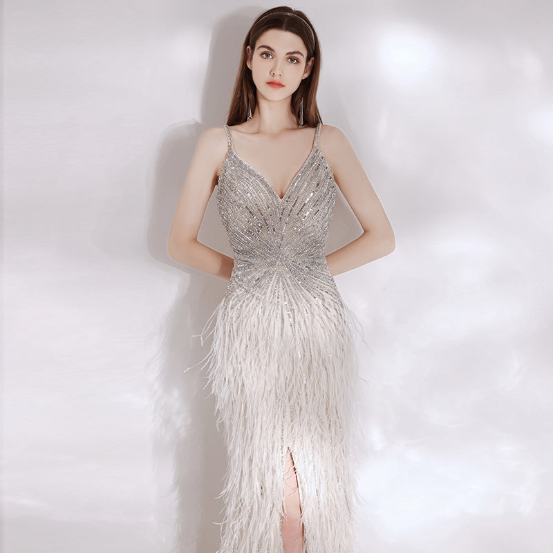 Women’s Feather Temperament High-End Evening Dress | Elegant Formal Gala Gown with Slit | Luxury Ostrich Feather Trim Party Dress | Modern High-Sense Floor Length Wedding Guest Gown | 2026 Couture Fashion Collection