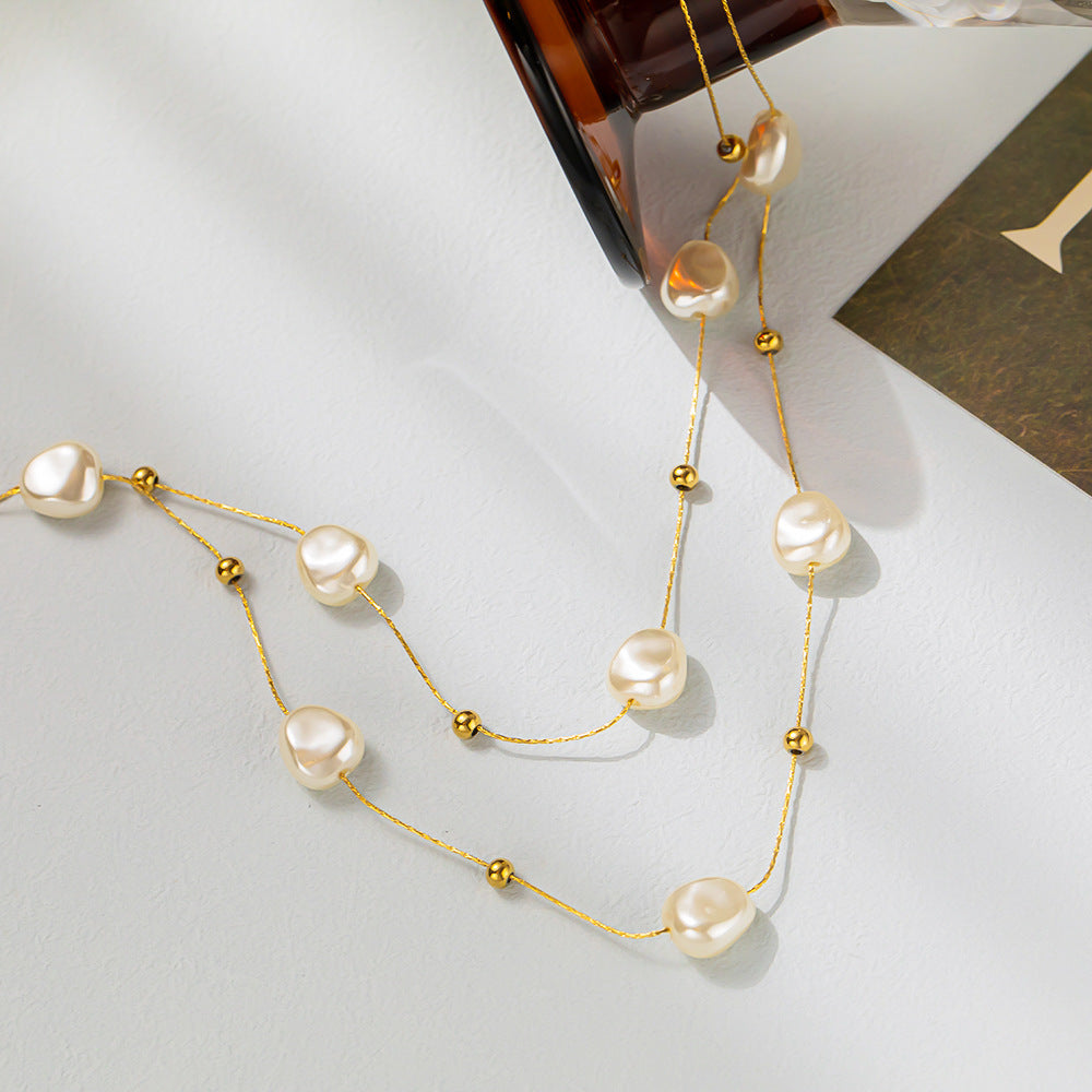 Niche Design Double-Layer Pearl Clavicle Necklace | High-Sense Vintage French Style Jewelry | Trendy Minimalist Titanium Steel Pearl Choker | Luxury-Label Statuesque Radiant Accessory | 2026 High-Fashion Emerald-Luxe Essential