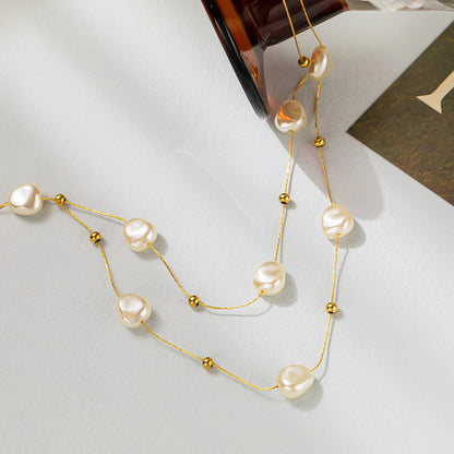 Niche Design Double-Layer Pearl Clavicle Necklace | High-Sense Vintage French Style Jewelry | Trendy Minimalist Titanium Steel Pearl Choker | Luxury-Label Statuesque Radiant Accessory | 2026 High-Fashion Emerald-Luxe Essential