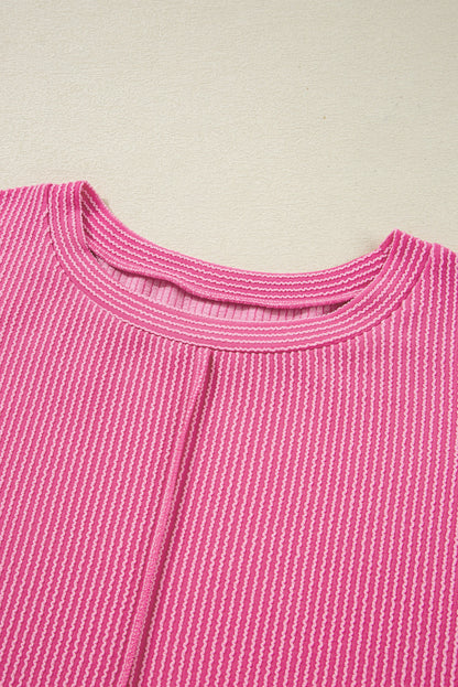 Threaded Pear Bonbon Spiral Ribbed Exposed Seam Detail Plus Size Long Sleeve Top