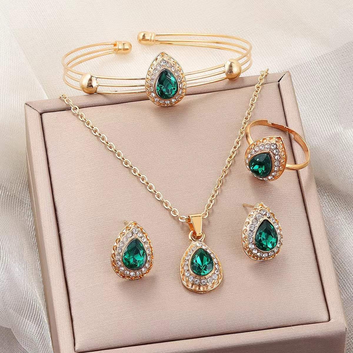 Luxury Water-Drop Gemstone 4-Piece Jewelry Set | Elegant Teardrop Necklace, Earrings, Bracelet & Ring Suite | Royal Blue/Clear Crystal Wedding Jewelry Set | Women's Formal Banquet Accessories
