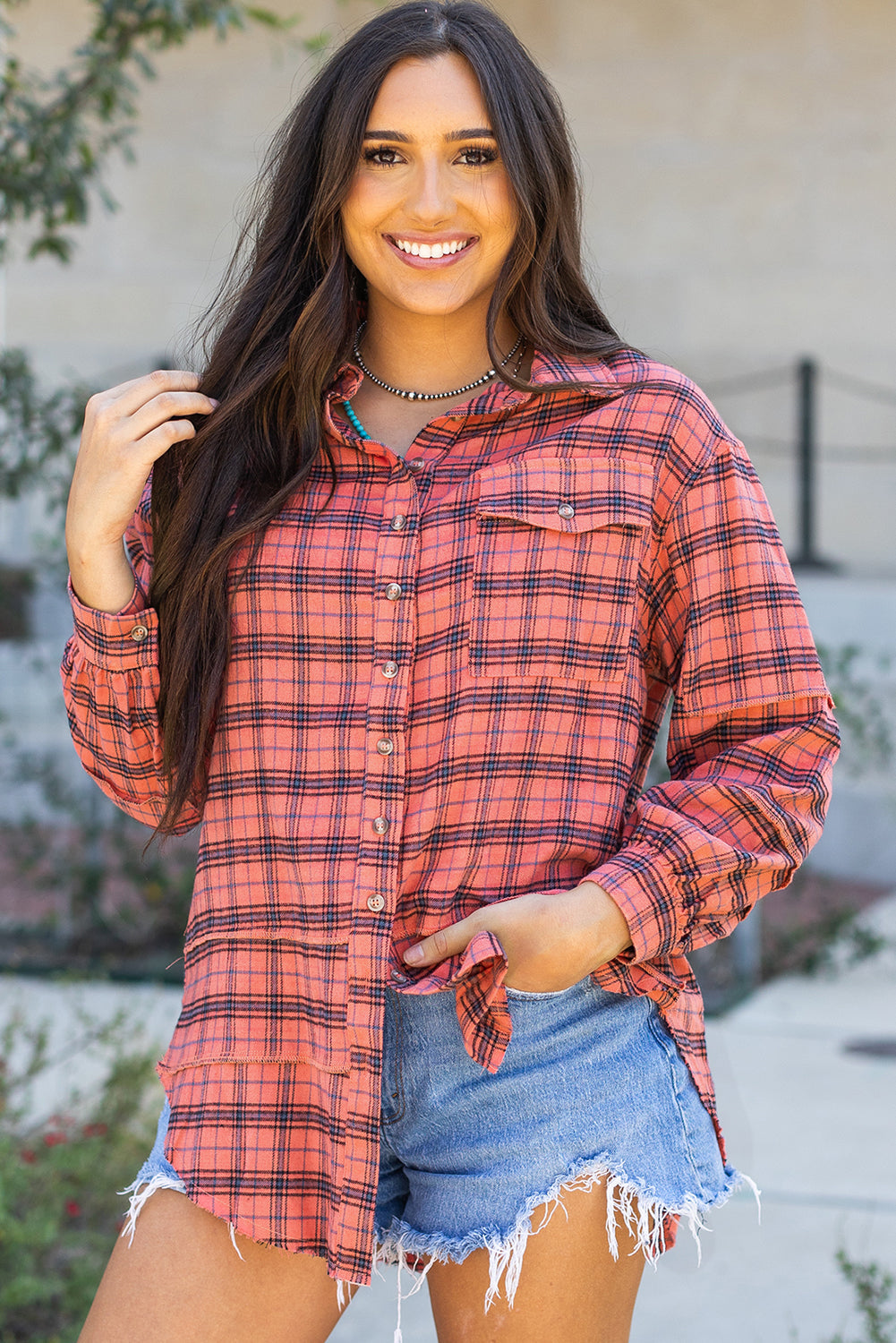 Threaded Pear Plaid Long Sleeve Side Split Distressed Shirt