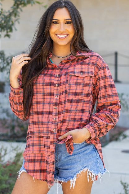 Threaded Pear Plaid Long Sleeve Side Split Distressed Shirt