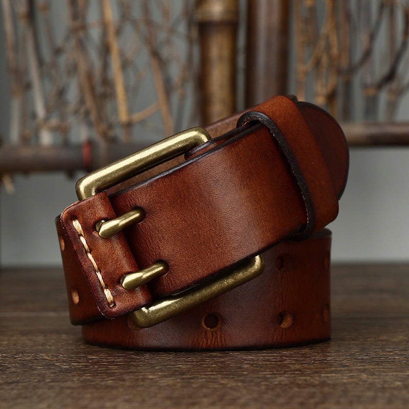 Men’s First-Layer Cowhide Leather Belt | High-Sense Vintage Brass Buckle Waistband | Trendy Minimalist Rugged Heritage Belt | Luxury-Label Statuesque Radiant Accessory | 2026 High-Fashion Emerald-Luxe Essential