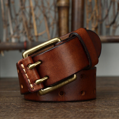 Men’s First-Layer Cowhide Leather Belt | High-Sense Vintage Brass Buckle Waistband | Trendy Minimalist Rugged Heritage Belt | Luxury-Label Statuesque Radiant Accessory | 2026 High-Fashion Emerald-Luxe Essential