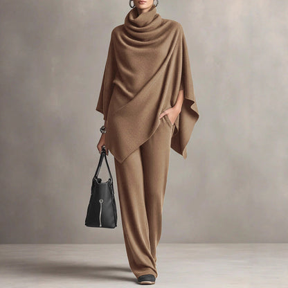 Women’s Cloak-Style Cape Top and Wide-Leg Pants Set | Elegant 2-Piece Formal Suite | Sophisticated Cape Sleeve Evening Outfit | Modern High-Sense Party Co-ord Set | 2026 Luxury Occasion Wear