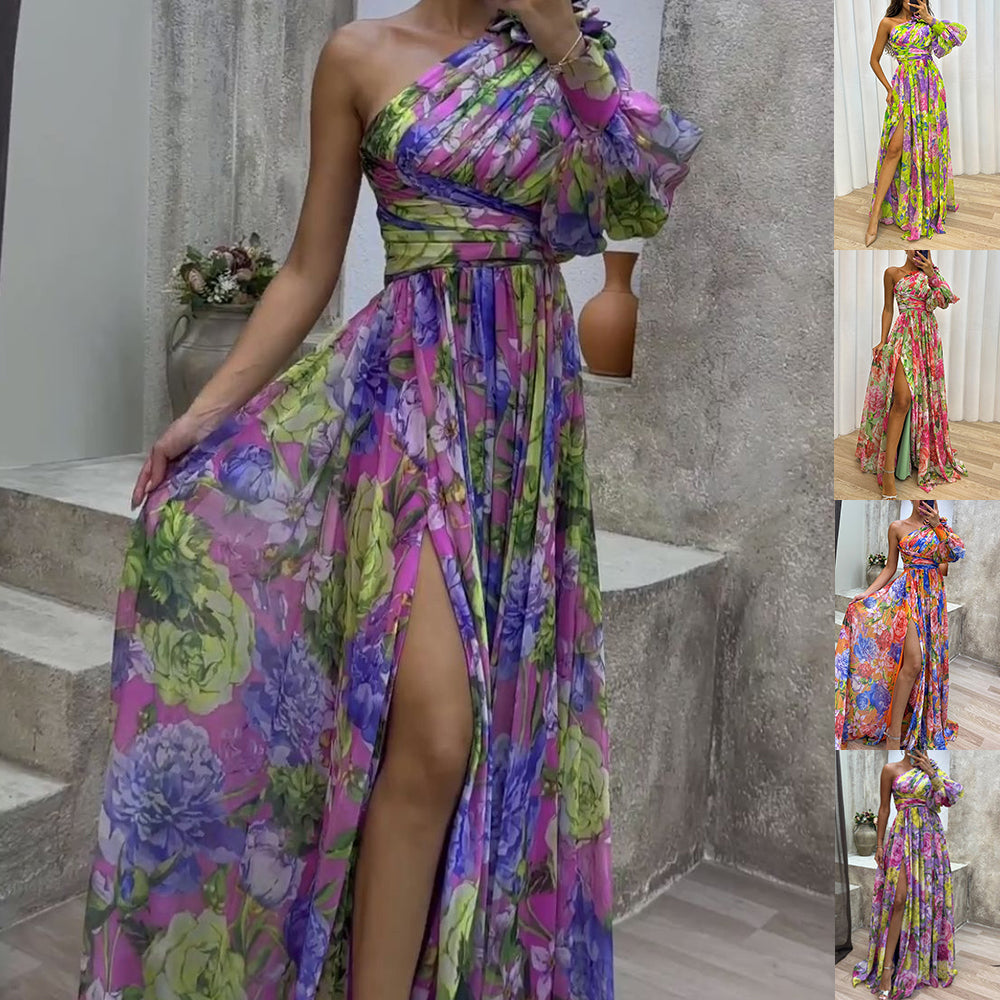 Floral Print Split Maxi Dress Fashion One-shoulder Long-sleeved Dresses Summer Beach Clothing For Women