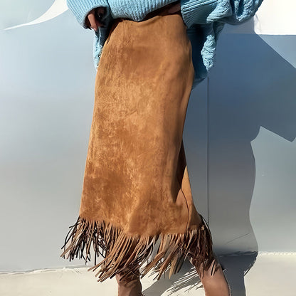 Women’s A-Line Fringe Hem Midi Skirt | Elegant Solid Color Versatile Skirt | Modern High-Waisted Casual Party Skirt | Trendy Fringed Hemline A-Line Bottoms | 2026 High-Sense Fashion Midi Skirt