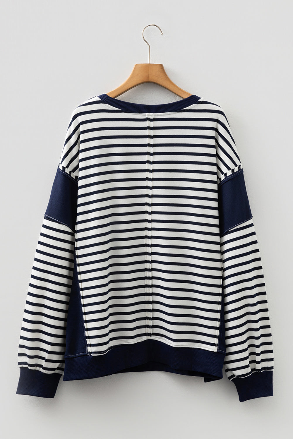 Threaded Pear Blue Stripe Contrast Stitched Detail Color Block Patchwork Plus Size Sweatshirt