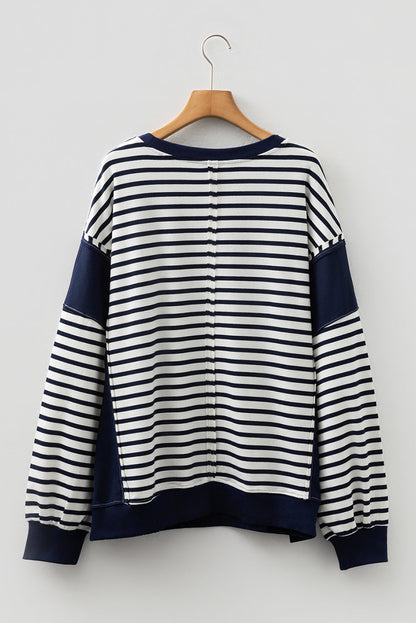 Threaded Pear Blue Stripe Contrast Stitched Detail Color Block Patchwork Plus Size Sweatshirt