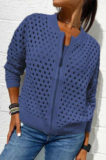 Women’s Fashion Hollow Knitted Zip-Up Jacket | Long-Sleeved Breathable Crochet Top | Trendy Lightweight Knit Cardigan | Modern Urban Layering Jacket for Women