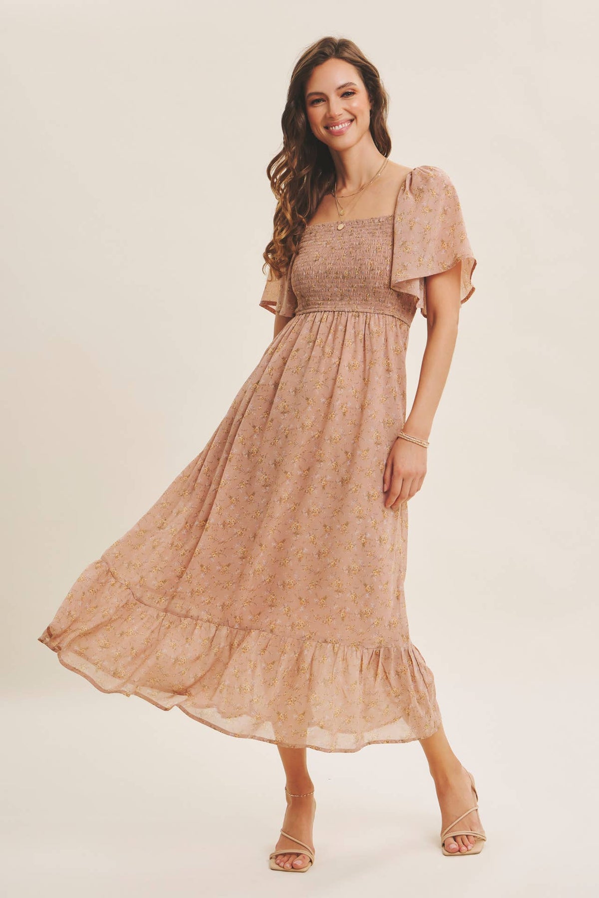 Ariana Square Neck Floral Chiffon Smocked Midi Dress