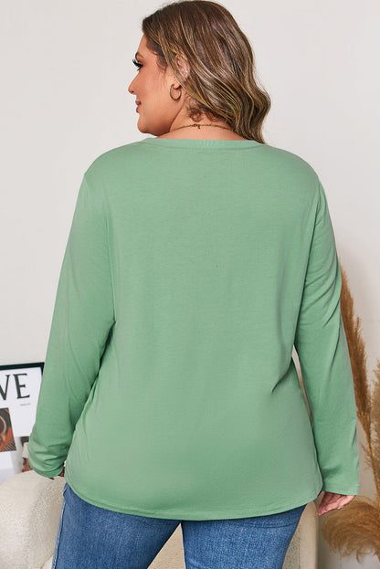 Threaded Pear Grass Green Flower Applique Mineral Wash Plus Size Top