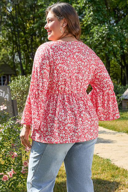 Threaded Pear Lena Plus Size Floral V Neck Blouse