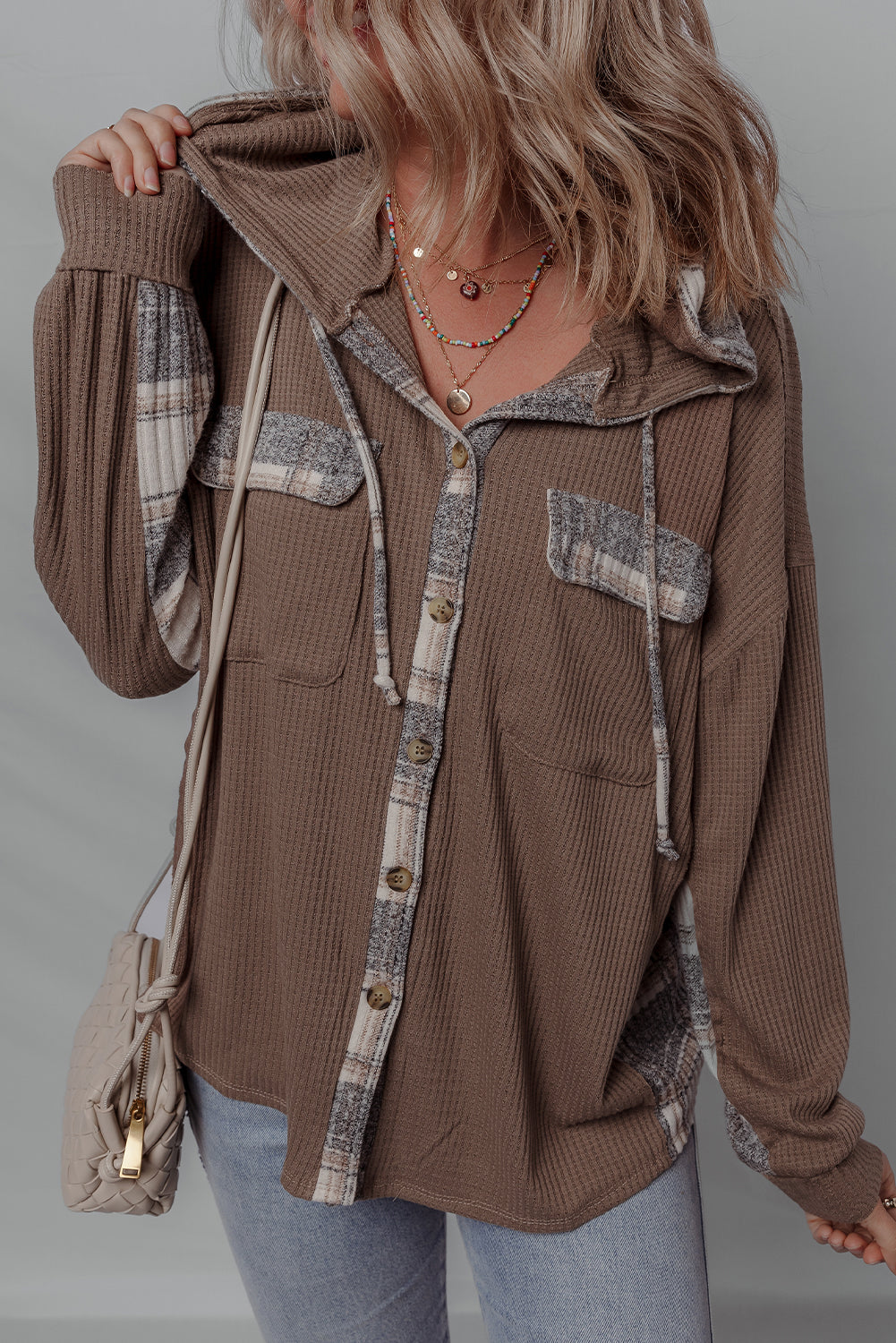 Threaded Pear Marceline Down Drawstring Hooded Shacket