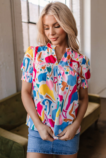 Threaded Pear Harper Shirred Short Sleeve Blouse