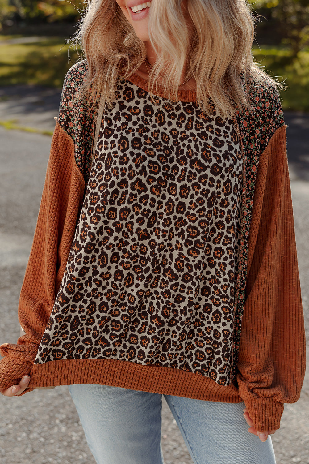 Threaded Pear Natalie Leopard & Floral Patchwork Loose Top