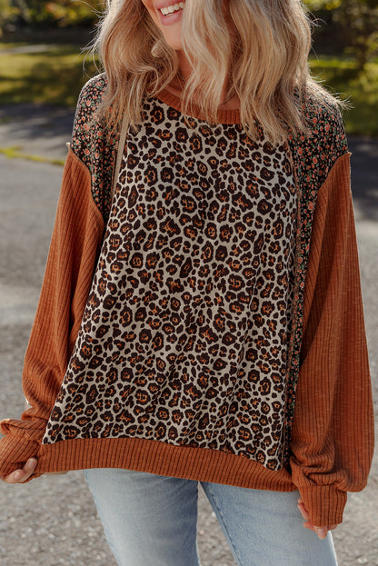 Threaded Pear Natalie Leopard & Floral Patchwork Loose Top