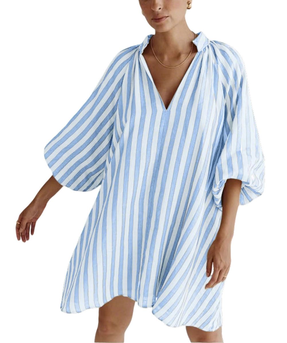 Women Mini Dress Summer Striped Beach Vacation 3/4 Sleeve Boho Chic Dress