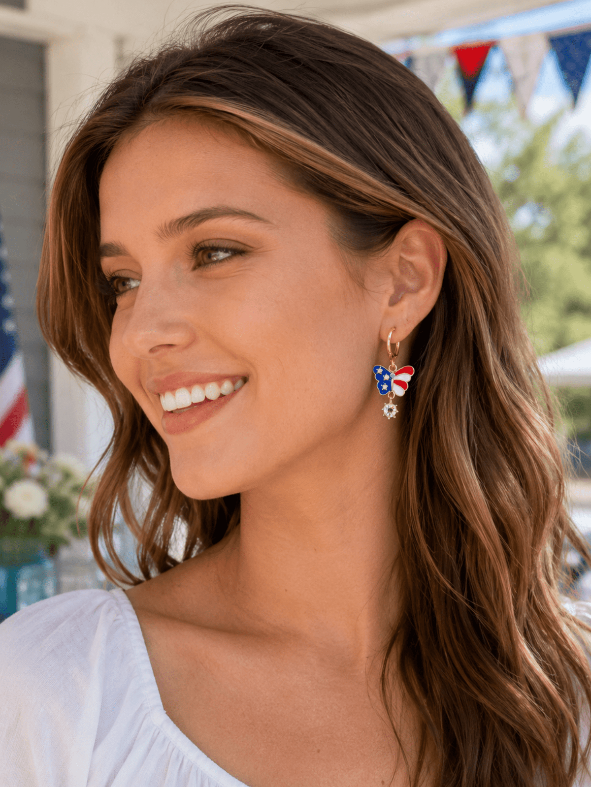 American Flag Butterfly Huggie Earrings for Women, Patriotic Red White Blue Jewelry