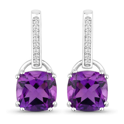 Genuine Amethyst and Lab Grown Diamond Silver Dangle Earrings