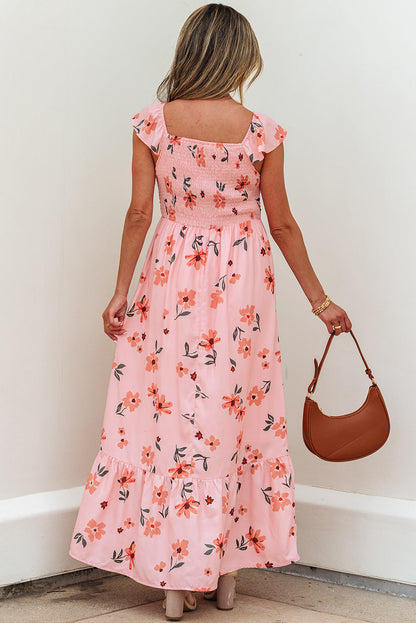 Threaded Pear Clare Floral High Waist Ruffle Hem Long Dress