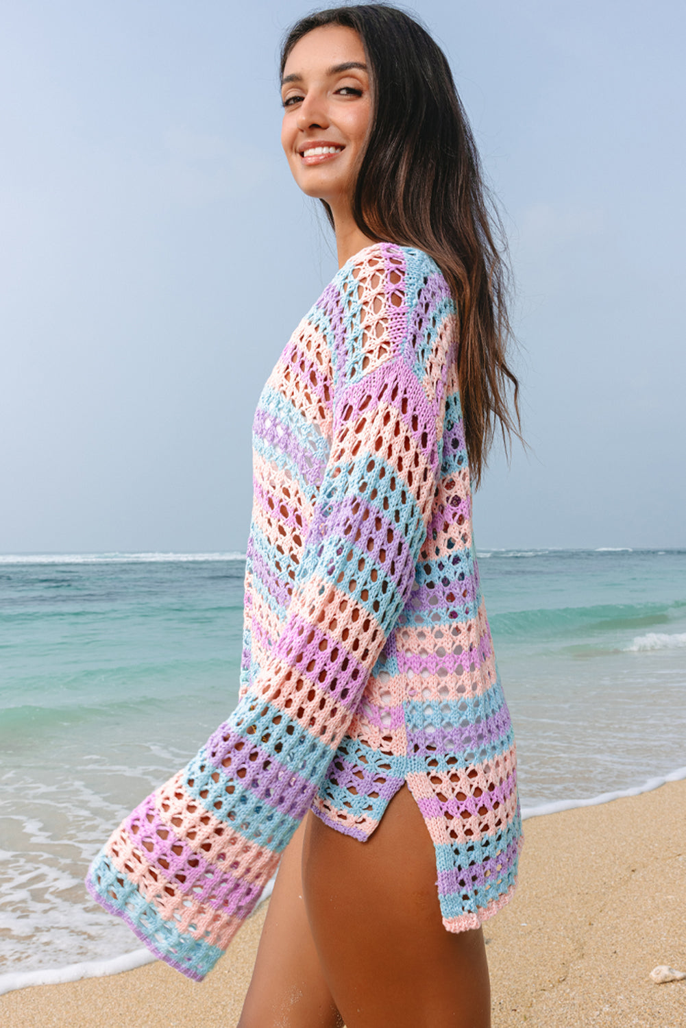 Threaded Pear Della Open Knit Sweater Beach Cover Up