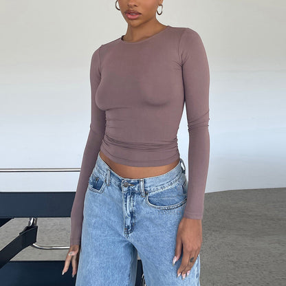 Women’s Fashion Slim-Fit Long-Sleeved Pullover | Elegant Solid Color Casual Fit Shirt | Modern Crew Neck Ribbed Base Layer | Trendy Body-Hugging Autumn Top | 2026 Minimalist Everyday Fashion Staple