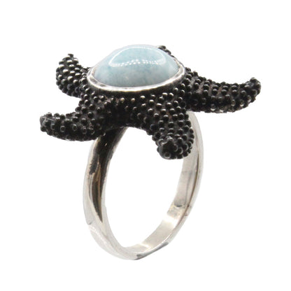 Marahlago Starfish Larimar Stone Oxidized Silver Ring Size 8