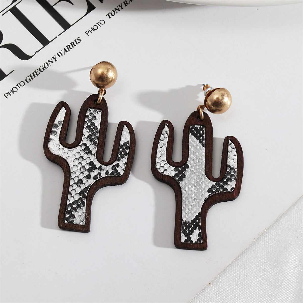White Polystyrene & Wood Goldtone Serpentine Cactus Drop Earrings