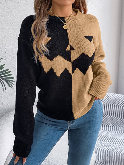 Women’s Spooky Pumpkin Contrast Long-Sleeve Pullover Sweater