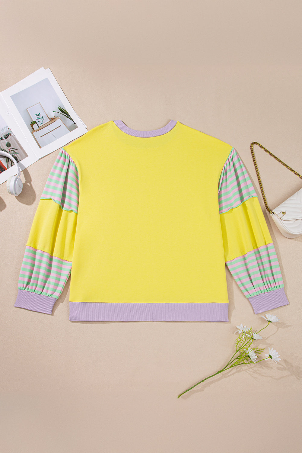 Threaded Pear Yellow Striped Color Block Patchwork Crewneck Plus Size Pullover Sweatshirt