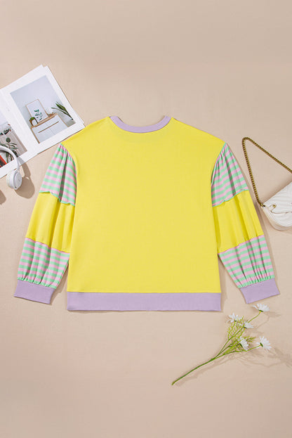 Threaded Pear Yellow Striped Color Block Patchwork Crewneck Plus Size Pullover Sweatshirt