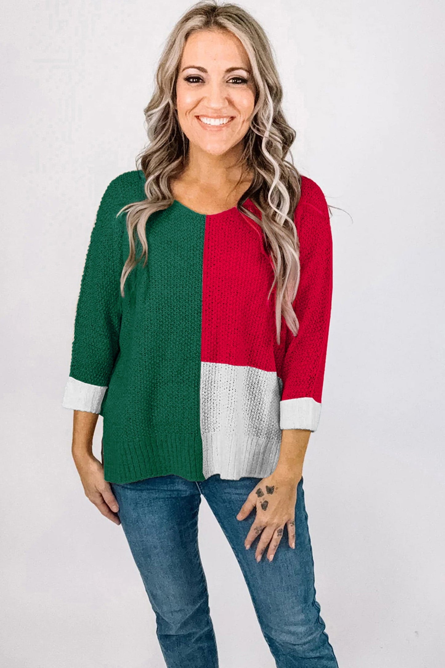 Threaded Pear Demi Block Knit Loose Sweater