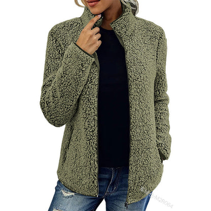 Fall Winter Warm Sweatshirt Stand Collar Solid Color Top Sweater Women's Casual Fashion Long Sleeve Zipper Bubble Velvet Coat Tops