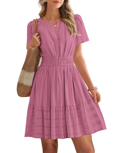 Women's V-Neck Elastic Waist Tiered Mini Dress