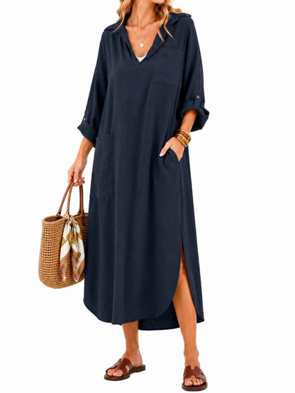 Womens Casual Loose Long Shirt Dress Side Split Dresses with Pockets