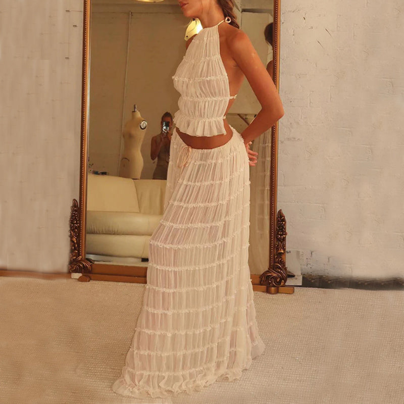 2pcs Women's Dress Suit Sleeveless Backless Cropped Halter Top And Pleated Long Skirt Beach Clothing